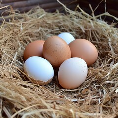 Naklejka na ściany i meble Homemade chicken eggs in hay and a wicker basket with feathers, chicken coop, high-protein dietary product, cooking ingredient Generative AI