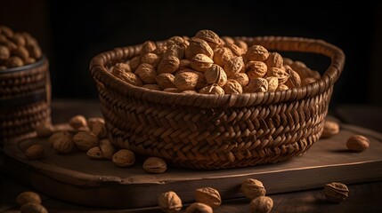 A basket of hot and smooky peanuts, food photography. Created with Generative AI Technology