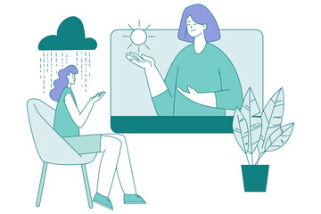 Mental Healthcare with Woman Having Psychotherapy with Rainy Cloud Vector Illustration