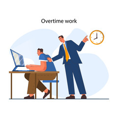 Overtime work. Employee working late at the computer. Manager