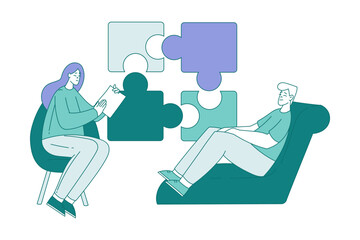 Mental Healthcare with Man Having Psychotherapy with Jigsaw Puzzle Vector Illustration