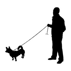Vector silhouette of a man with a dog on a white background. Vector illustration