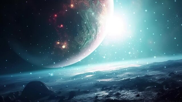 Galaxy and nebula. Approaching an unexplored planet. Abstract space background. Infinite universe with stars and galaxies in outer space. Space art. Motion design.