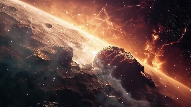 Fire planet. Galaxy and Nebula. Abstract flyby space background. Endless universe with stars and galaxies in outer space. Space art. Moving design.