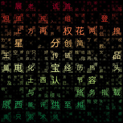 Letters Grid background. Random Characters of Chinese Simplified Alphabet. Gradiented matrix pattern. Red yellow green color theme backgrounds. Tileable horizontally. Cool vector illustration.