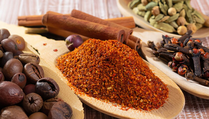 Close up of spices and food Pepper cinnamon dried paprika coffee Colorful cooking aroma
