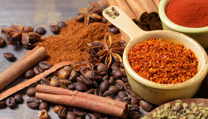 Close up of spices and food Pepper cinnamon dried paprika coffee Colorful cooking aroma