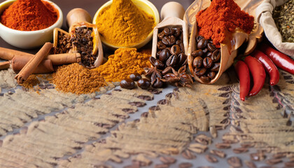 Fototapeta premium Close up of spices and food Pepper cinnamon dried paprika coffee Colorful cooking aroma