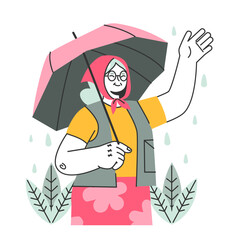 Senior character under the rain. Rainy and cloudy weather in summer