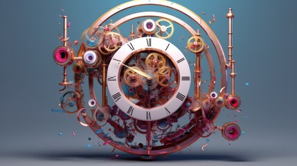 A surrealist clock design in which the gears and springs inside a clock mechanism are deformed. It reflects a sense of timelessness and unreality.  Created with Generative AI