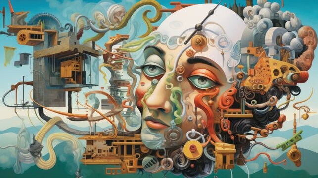A complex surrealist painting with intertwined faces and objects. It offers a visual representation of an abstract world disconnected from reality.  Created with Generative AI