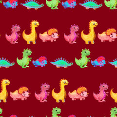 Fototapeta premium Dinosaur - cartoon character. Illustration for children. Use printed materials, signs, items, websites, maps, posters, postcards, Drawing watercolor. Seamless pattern.