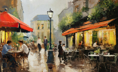 Oil paintings landscape, old street in the city, Street with cafes, shop windows, flowers, people sitting at tables, city life - 617151741