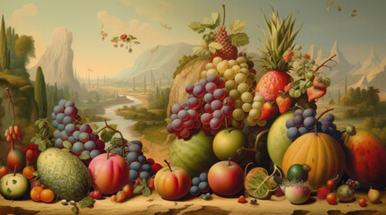 Obraz na płótnie Canvas A surrealist fruit painting displays unusually large and oddly shaped fruits. It reflects the mystery of nature and unusual elements. Created with Generative AI