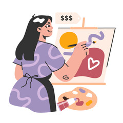 Female artist painting a piece of art. Illustrator doing her hobby
