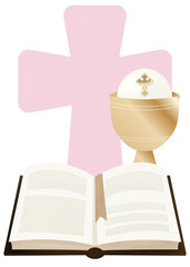 Holy Bible with cross and gold chalice