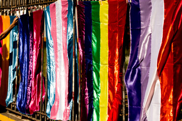 Varal de bandeira símbolo do orgulho gay a venda na 27ª edição, da Parada do Orgulho LGBT+ de São Paulo, Brasil.  