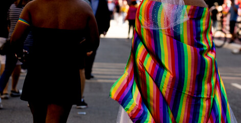 Pessoas vestindo a bandeira símbolo do orgulho gay lgbt+. 27ª edição, da Parada do Orgulho LGBT+ de São Paulo, Brasil.  - obrazy, fototapety, plakaty