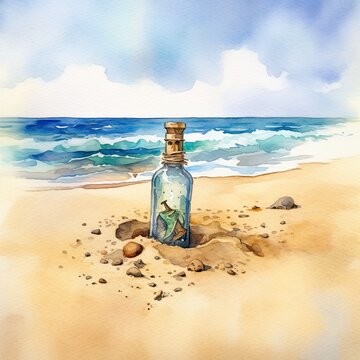Bottle with a message standing in the beach sand. Watercolor painting.