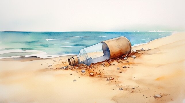 Plastic bottle on the beach. Watercolor painting, illustration.