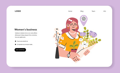 Florist web banner or landing page. Female floral designer making