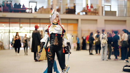 Woman Cosplaying Anime Fighter Character At Anime Convention with Cinematic Look