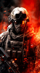 Fototapeta premium Soldier in military outfit, First person shooter concept, Fps game cover art.