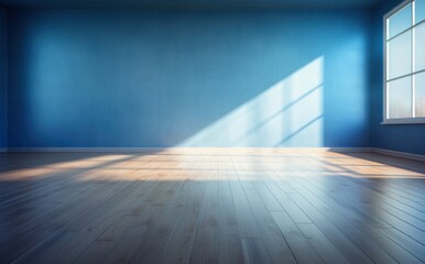 An empty room with blue walls and hardwood floor Illustration AI Generative.
