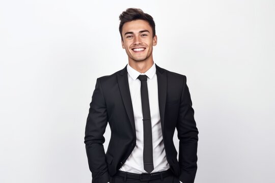 Handsome young man in black suit smiling and looking at camera while standing against white background