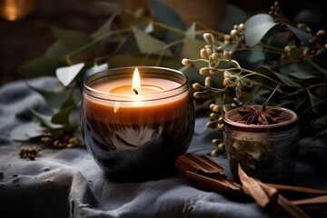 Autumn cozy background with candles. Illustration AI Generative.