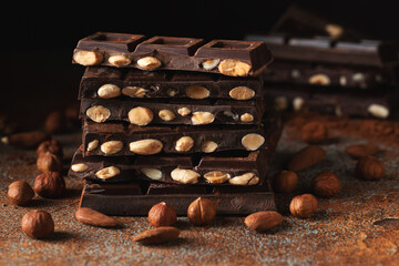 Dark and milk chocolate with nuts on a dark background sprinkled with cocoa powder.