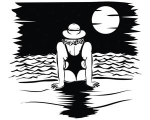 black and white sketch illustration vector design of a beachside scene where a woman is sitting in a swimsuit looking up at the moon and stars at night