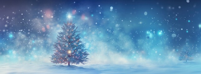 .Blue winter background with Christmas tree. Illustration AI Generative.