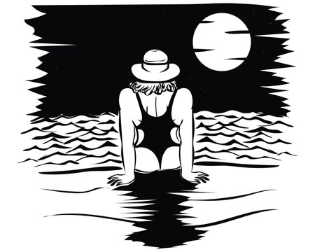 black and white sketch illustration vector design of a beachside scene where a woman is sitting in a swimsuit looking up at the moon and stars at night