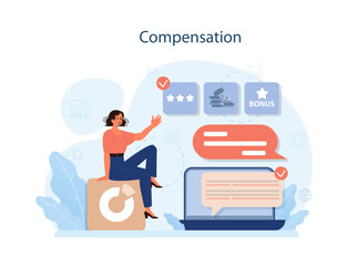 Benefits for worker, buyer. Big letters with employees, money, winner cup Employee, teamwork benefits package vector for web, UI, banner, social net story.