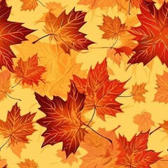 Red maple leaves on the yellow background. Seamless pattern