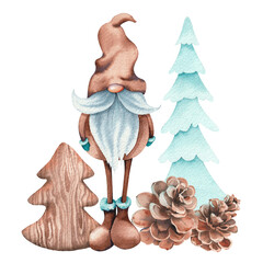 Christmas cartoon gnome and decorations. Watercolor illustration isolated on white background.