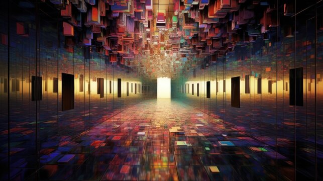 A work of art set in a mirrored room, an abstract work showing the fusion of reality and reflection. It emphasizes the interaction between perception and art. Created with Generative AI