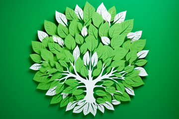 Unity for a Greener World: A Paper-Cut Illustration of a Green Leaf Embraced by Interconnected Hands. Generative AI Art Illustration