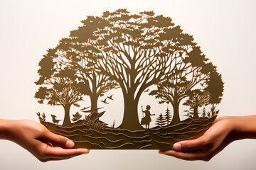 A paper-cut representation of a person holding a seedling, emphasizing the importance of reforestation and tree planting. Generative AI Art Illustration