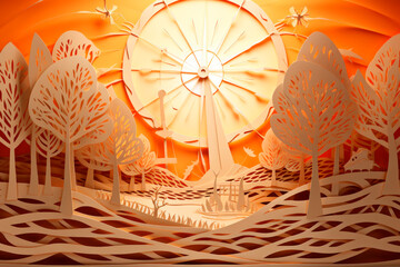 A paper-cut depiction of a sun with rays composed of wind turbines and solar panels, showcasing renewable energy sources.. Generative AI Art Illustration