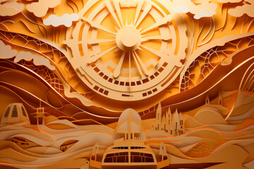 Harmony of Energy: A Paper-Cut Depiction of a Sun with Renewable Energy Rays. Generative AI Art Illustration