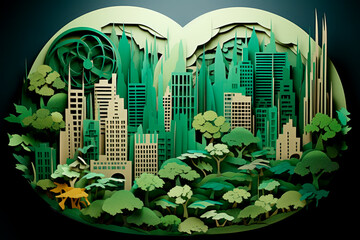 Enchanting Urban Oasis: A Paper-Cut Depiction of a Green Cityscape Embracing Nature. Generative AI Art Illustration