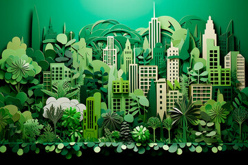 A paper-cut representation of a green cityscape with buildings adorned with rooftop gardens, promoting urban greening.. Generative AI Art Illustration