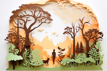 A paper-cut image of a family enjoying nature and engaging in eco-friendly activities, promoting sustainable lifestyles.. Generative AI Art Illustration