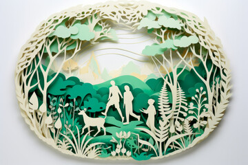 Nature's Bond: A Paper-Cut Image of a Family Embracing Sustainable Lifestyles. Generative AI Art Illustration