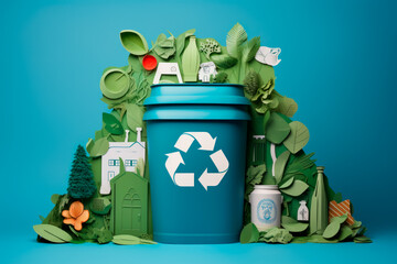 A paper-cut image of a recycling bin filled with various recyclable materials, encouraging proper waste management. Generative AI Art Illustration