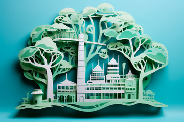 Eco-Factory Metamorphosis: A Paper-Cut Image of Smokestacks Blossoming into Green Trees. Generative AI Art Illustration