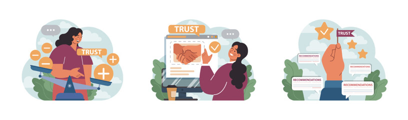 Naklejka premium Company credibility set. Brand reputation based on customer loyalty