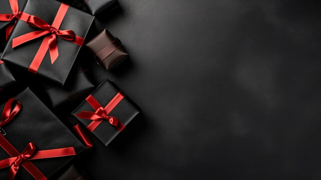 Gift boxes on dark background, and space for text. Black friday sale concept, generative ai